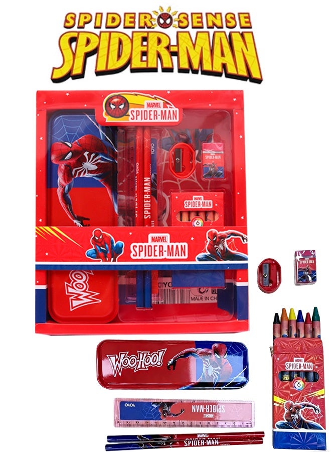 SPIDERMAN-Themed School Stationery Set for Kids - Gift-Ready Learning Box with Complete Back to School Supplies: Pencil Box, Erasers, Sharpener, Ruler & Crayons - Image 1